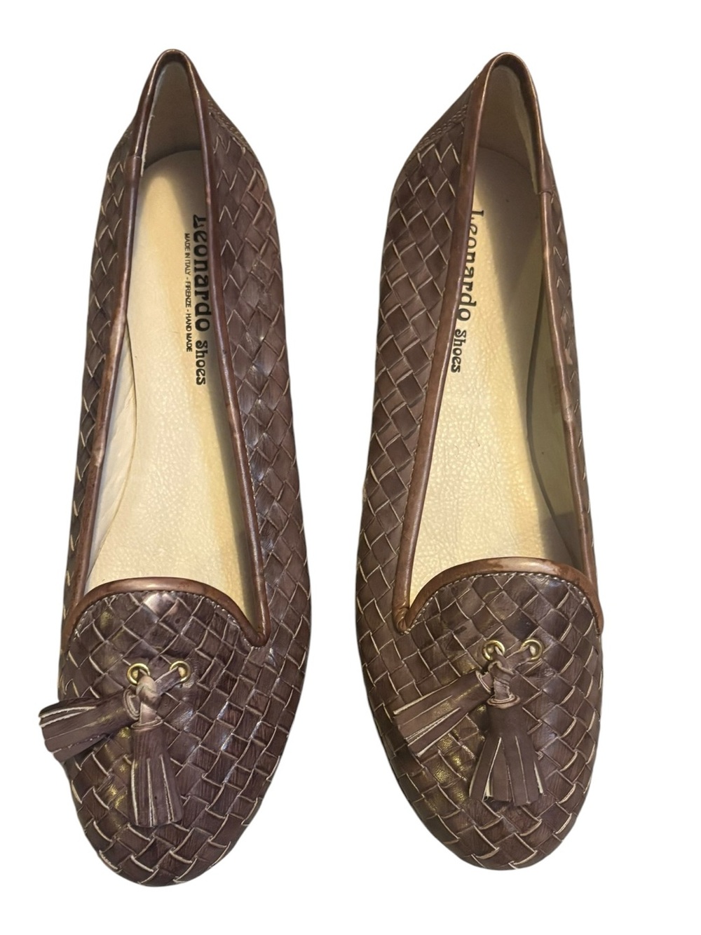 Leonardo Shoes Made in Italy Woven Leather Tassel Loafers Size 39
